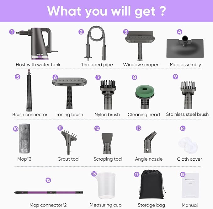 Seyola Steam Mop Cleaner for Hardwood Floor Cleaning, Hands-free Steamer Cleaner Handheld with 9-in-1 Multi-purpose Attachments for Bathroom, Windows, Sofas, Clothes, Tiles Grout (Purple-Grey)