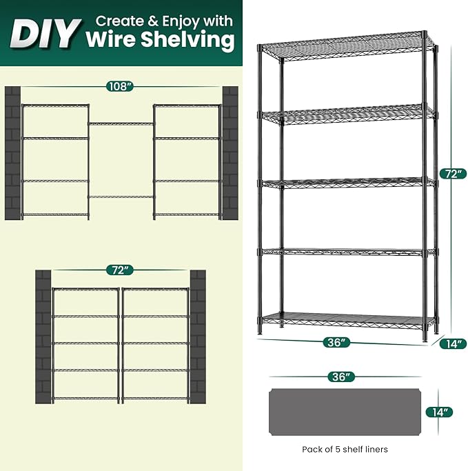 RackBro 5-Tier Storage Shelves 72" H Wire Shelving, Adjustable Metal Shelving Pantry Shelves, 1325LBS Heavy Duty Rack with Shelf Liners for Garage Commercial Kitchen, 36" W x 14" D x 72" H, Black