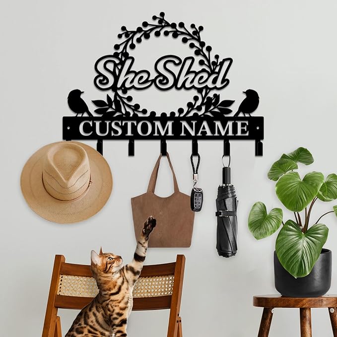Personalized She Shed Metal Keys Hooks,Custom Name Metal She Shed Keys Hooks,Black Metal She Shed Wall Home Storage Decorative Keys Hooks,Key Holder Hooks for Wall (Style D)