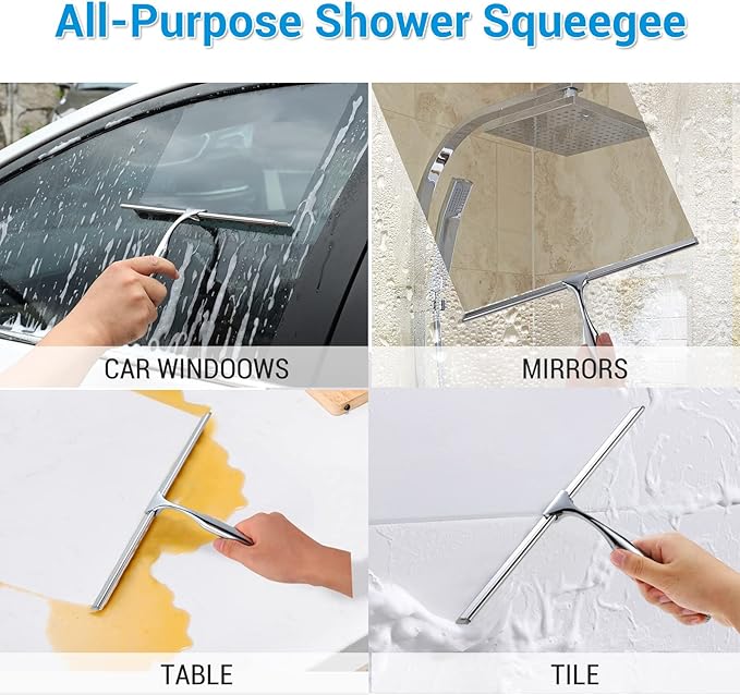 Shower Squeegee for Glass Doors, 12" Stainless Steel Squeegees for Shower Doors, Bathroom, Window and Car Glass, All-Purpose Cleaning Squeegee with Matching Hooks Holder, 1 Replacement Squeegee Blade