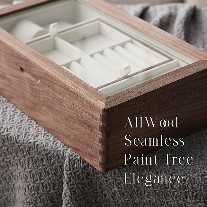 Beexchange Black Walnut Wooden Jewelry Box - Allwood, Handcrafted, Glass Lid Gift for Women, Men, and Girls. Jewelry Organizer Storage.(Single-Layer)