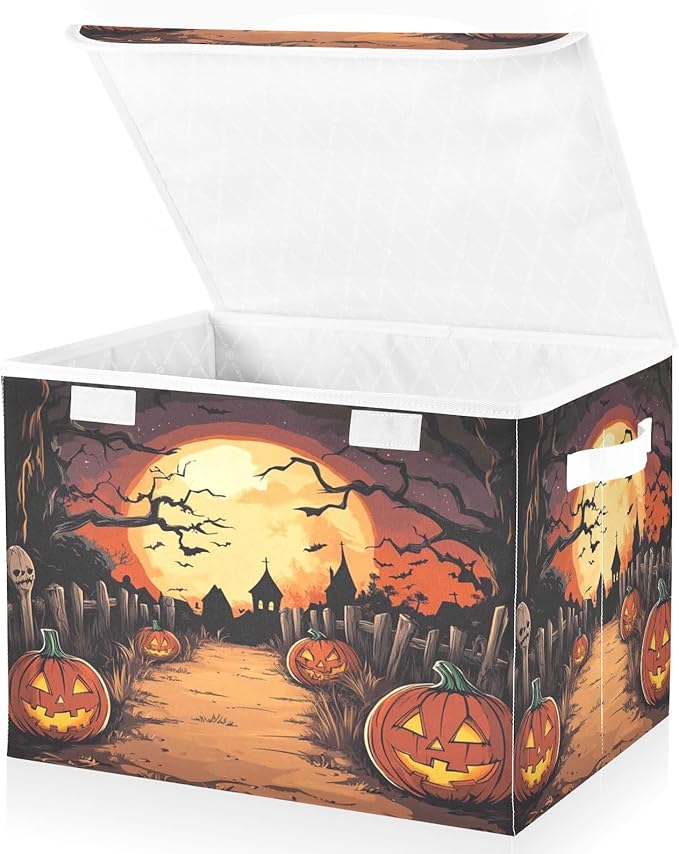 Bolaz Storage Bins with Lids and Handles,Halloween Night Pumpkin Skull Storage Box Storage Basket with Cover Collapsible Organizer Containers for Home Closet, Shelves