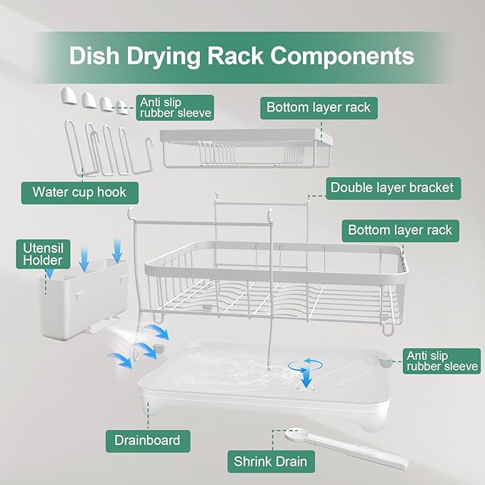 HOMEAILIE Dish Drying Rack, Two-Tier Dish Drying Rack with Utensil Holder and Cutlery Tray – Auto-Draining Large Capacity Dish Drainer with Drainboard for Kitchen Counter, White