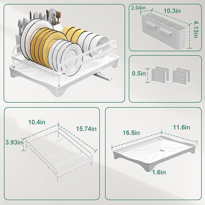 HOMEAILIE Dish Drying Rack,Dish Racks for Kitchen Counter, Metal Dish Drainer with Adjustable Drainage Spout, Removable Knife and Fork Holder (White)