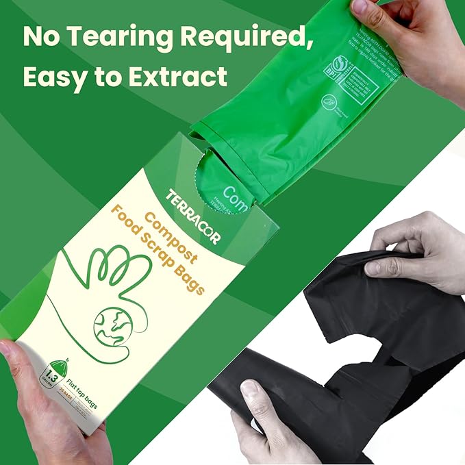 TERRACOR 1.3 to 1.6 Gallon Compostable Trash Bags, 35 Count Green Compost Bags for Countertop Bin, Food Waste, Dispenser Packs Organic Biodegradable Bags BPI Certified Meet ASTM D6400 Standard