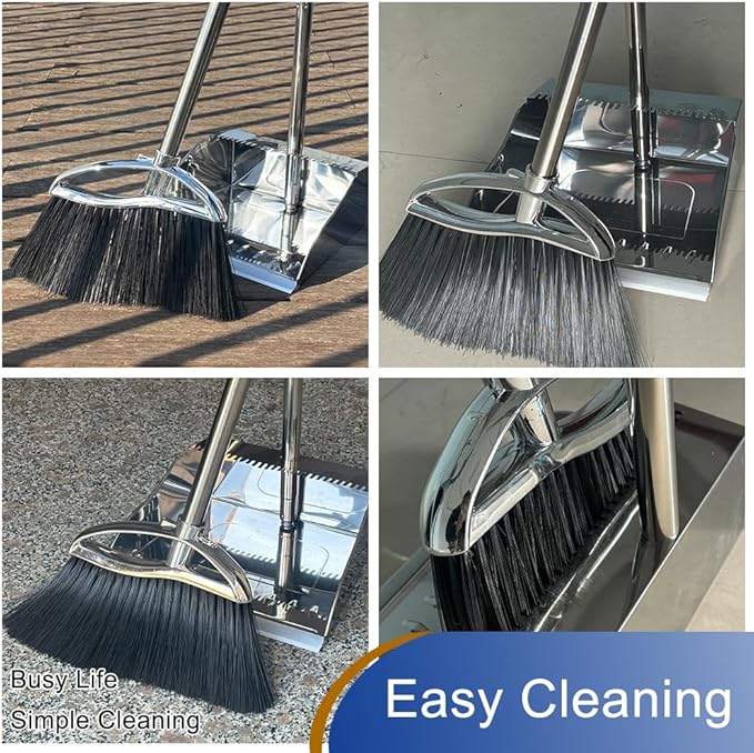 Indoor Broom and Dustpan Comb Set,Heavy Duty Stainless Steel Metal Dust Pan with Long Handle Sweeping Soft Bristles Broom for Floor Home Lobby Office