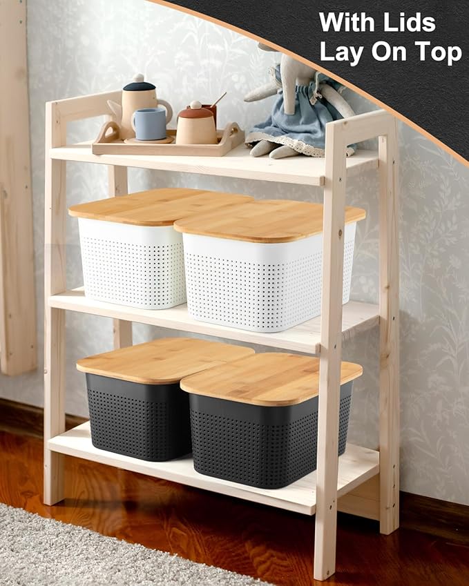 AREYZIN Plastic Storage Bins with Bamboo lids and Stackable Storage Baskets for Shelves - Organize Your Home or Office with These Space-Saving Storage Solution,6 Pack,White