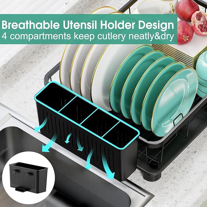 Hiviweer Dish Drying Rack - Space-Saving Dish Rack,Dish Racks for Kitchen Counter with Drainboard, Rustproof Dish Drainer with a Removable 4-Compartment Utensil Holder,Black