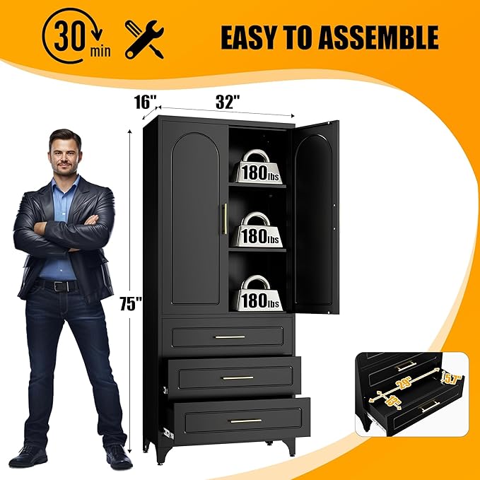 Kitchen Pantry Storage Cabinets with 3 Drawer, 75" Tall Metal Storage Cabinet with Doors and Shelves, Black Food Pantry, Steel Office Cabinet, Large Cupboard, for Kitchen, Dining, Living Room