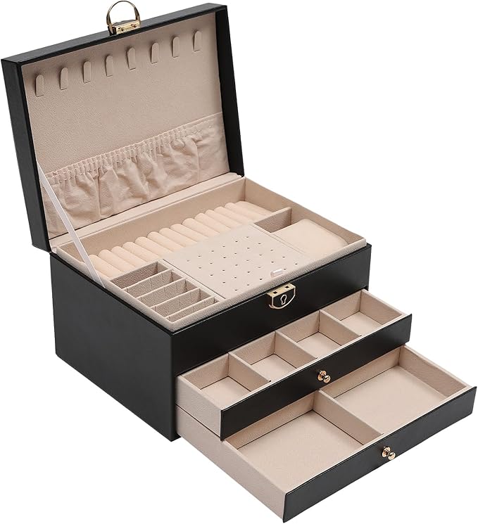 Jewelry Organizer,3 Layers Jewelry Box,Watch Storage Jewelry Case,Jewelry Organizer Pull-Out Drawer Jewelry Storage Case with Lock,Black (Black)