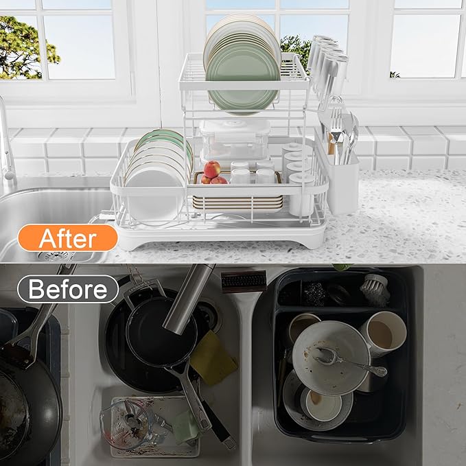 HOMEBOSILY Dish Drying Rack - Auto Draining Dish Rack for Kitchen Counter, Large Capacity Dish Drainers Organizer with Drainboard, 2-Tier Drying Rack with Utensil Holder White
