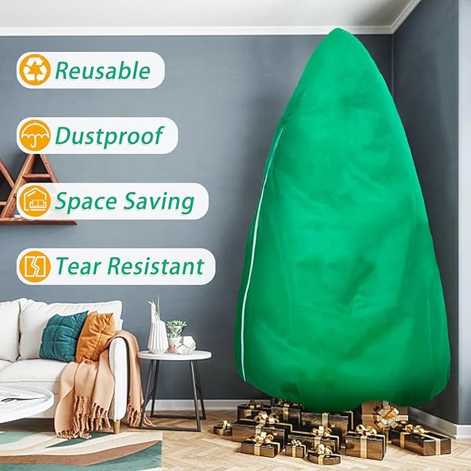 Upright Christmas Tree Storage Bag, Tapered Christmas Tree Cover for 9 FT Artificial Tree Standing with Ornaments, Tear Resistant Holiday Assembled Xmas Tree Bag with Zipper and Drawstring (Green)