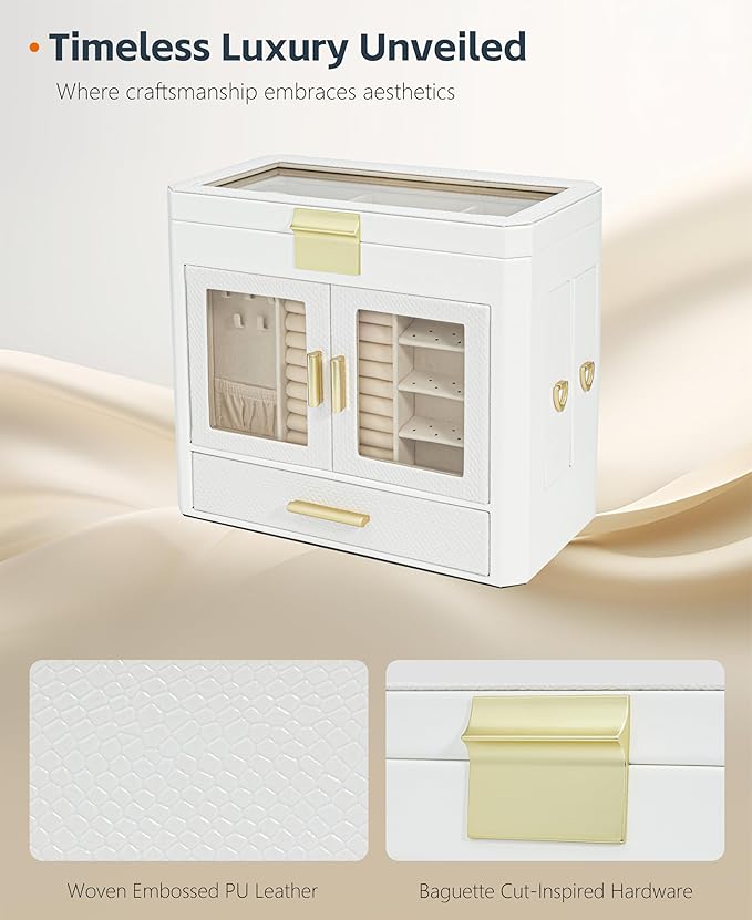 11" Large Jewelry Box White Woven PU Leather Storage Case Holds 100+ Pieces, Jewelry Case with Metal Handles for Necklaces, Rings, Earrings – Elegant Gift for Women