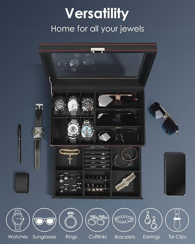 Kukikan Watch Jewelry Box Organizer, 6-Slot 2-Layer Watch Case and Sunglasses Storage with Large Glass Lid, Men's Jewelry Box with Lock, Watch Holder Display Case, Gift for Men Women