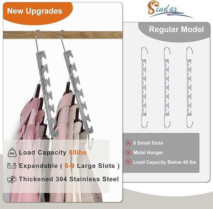 Sindax Space Saving Hangers Telescopic, 6 Holes Clothes Hangers Adjustment to 9 Holes, Upgraded Sturdy Metal Clothes Hangers Space Saving for Heavy Clothes, Closet Organizers and Storage - 3 Pack