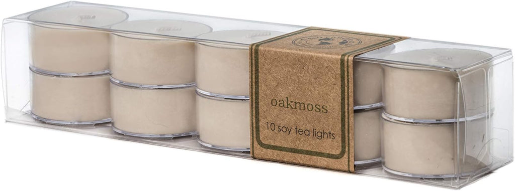 ECO CANDLE CO. Tea Light Candles, Oakmoss, 10-Pack - Scents of Citrus, Floral, Oakmoss, & Patchouli - Recyclable, 100% Soy Wax, No Lead, Hand Poured, Made from Midwest Grown Soybeans, .6 oz. Each