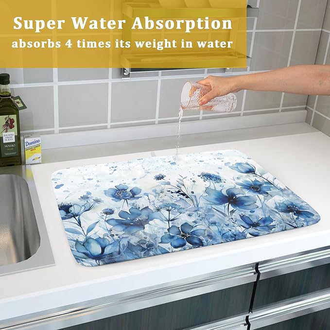 Giwawa Blue Floral Dish Drying Mat for Kitchen Counter Watercolor Leaves Dishes Drainer Rack Mat Absorbent Microfiber Dish Draining Pad 18x24 Inch