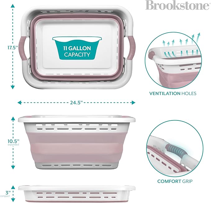 BROOKSTONE, 1 UNIT, 11 GALLONS - [OUR LARGEST BASKET EVER] 24" Collapsible Laundry Basket, Comfort Non-Slip Grip Handles, Minimalist Space Saving Design, Portable Pop-Up Hamper, [BPA FREE]