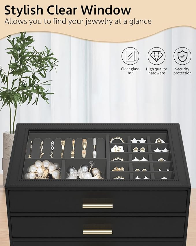 AKOZLIN Jewelry Box with Clear Lid Functional Leather Jewelry Storage Organizer Case 4 Drawers for Women Girls Necklace Ring Bracelet Earring