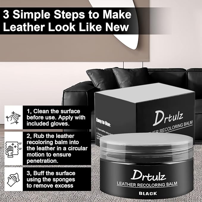 drtulz Black Leather Recoloring Balm, Leather Color Restorer Conditioner, Leather Repair Kits for Vinyl Furniture, Sofa, Car Seats, Shoes - Repair Leather Color on Faded & Scratched Leather Couches