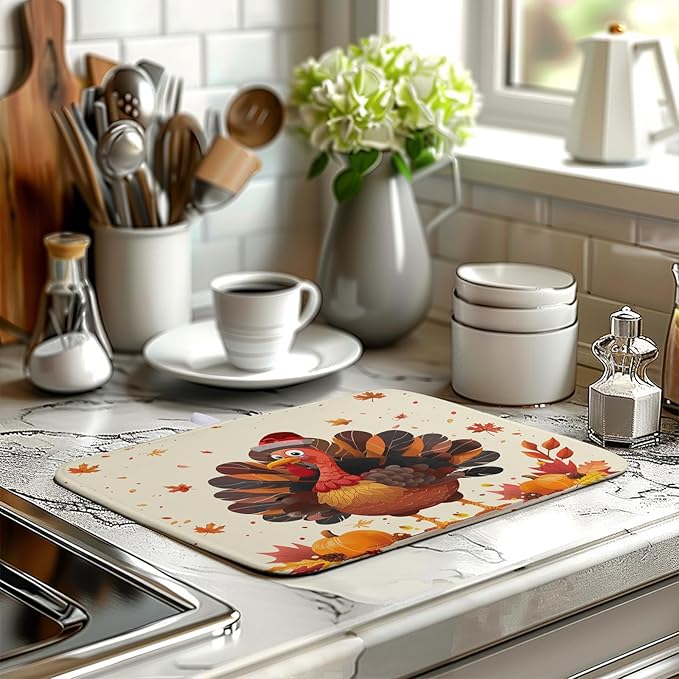 Wnoesat Thankgiving Dish Drying Mat for Kitchen Counter 16x18 Inch Fall Orange Turkey Maple Leaf Pumpkin Absorbent Microfiber Dish Rack Mat Autumn Thankgiving Dish Drying Pad for Coffee Bar Sink