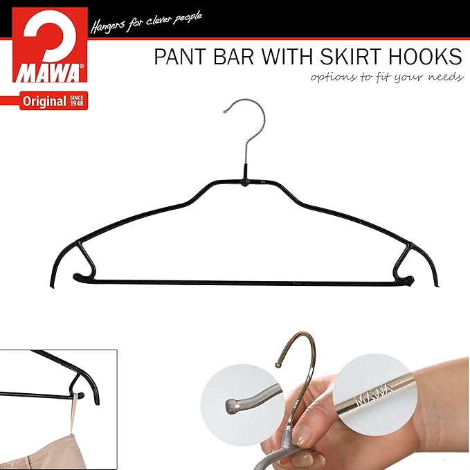 Mawa by Reston Lloyd Silhouette Ultra-Thin Series, Non-Slip Space Saving Shirt Hanger with Pant Bar & Skirt Hooks, Style 42/FTU, Black