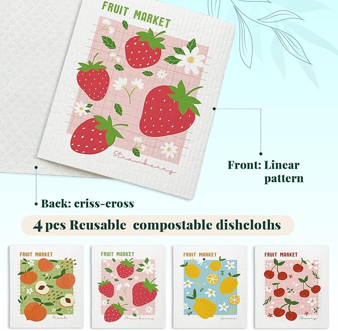 LARTSFRO Swedish Dishcloths for Kitchen, Pink Strawberries Peach Cherry Lemon Swedish DishCloths for Friut Market, 4 Pack Dish Towels for Kitchen, Papaya Reusable Paper Towels Washable