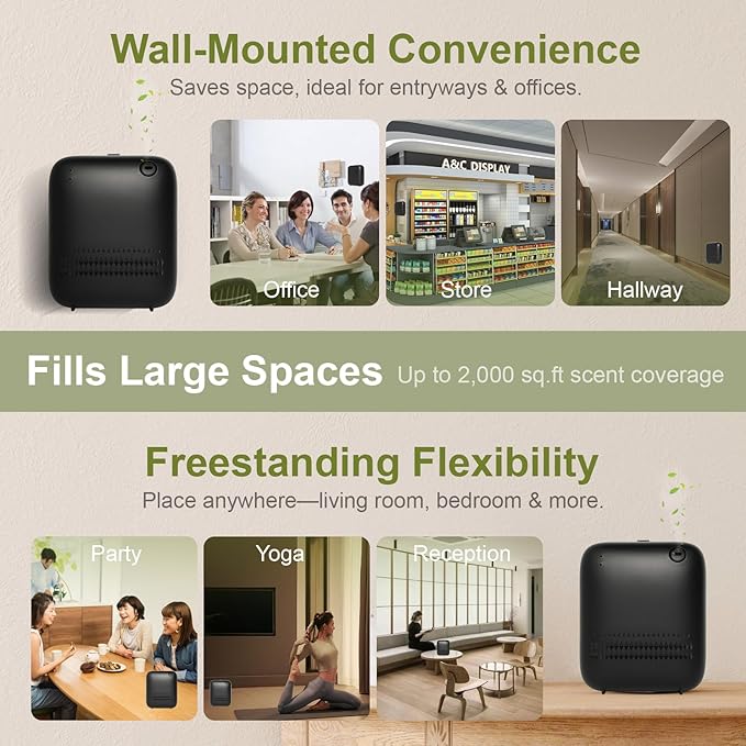 Waterless Diffuser,Wireless Essential Oil Battery Operated,2000 Sq Ft,Safety Lock,Quiet,Bluetooth App,Hotel Home Collection Scent Machine - Black
