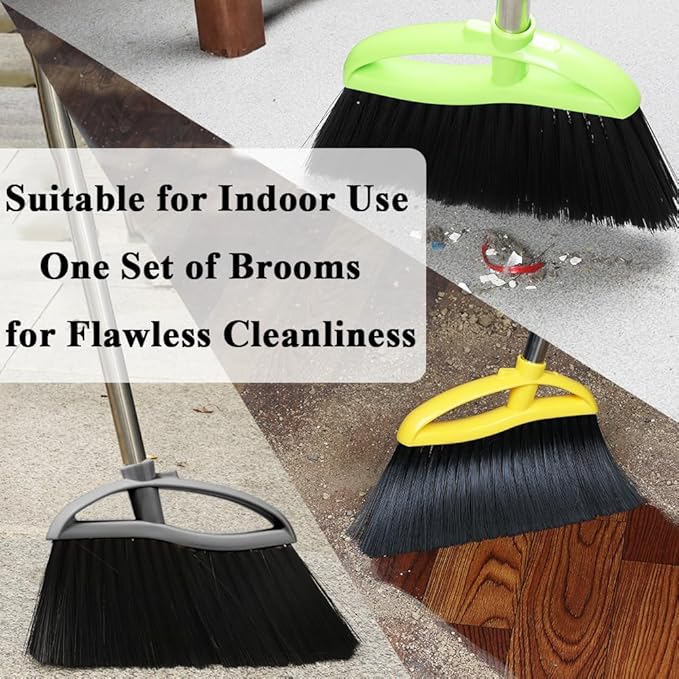 3 Pack Soft Bristle Angle Broom for Floors - Wide Indoor Heavy Duty Broom with 38"-53.5" Adjustable Handle, Kitchen & Restaurant Use for Hardwood, Porch (Gray, Yellow, Green)