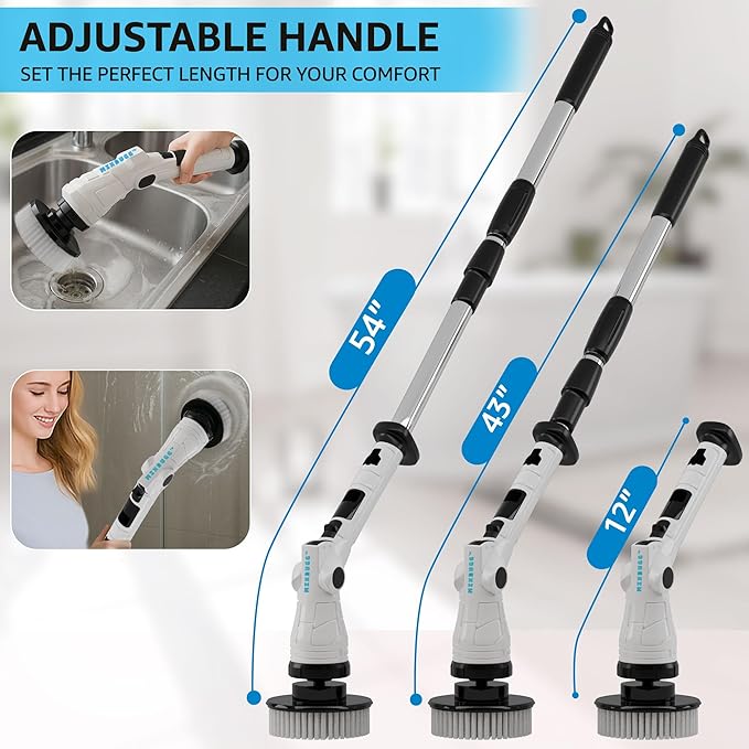 Electric Spin Scrubber – Cordless Power Cleaner with 8 Brush Heads, Long Adjustable Handle, 3 Speed for Deep Bathroom, Tile, Floor & Tub Cleaning, 6-Angle Adjustable