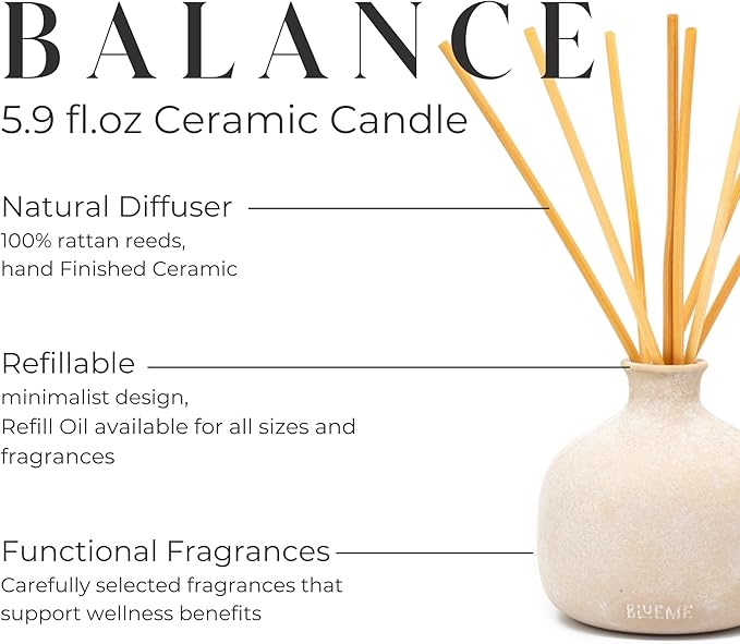Blueme Balance Diffuser | White Lotus & Tea | 5.92 Fl Oz - Refillable Wellness Diffuser, Contains Essential Oil, Sustainable, Hand Finished, Premium, Luxury Ceramic, Natural Rattan Reeds, | Small