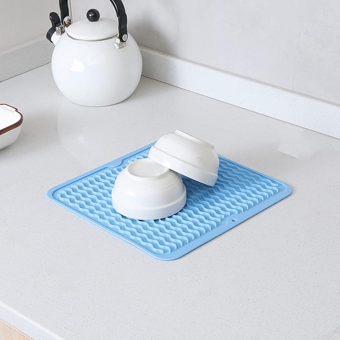 MicoYang Silicone Dish Drying Mat for Multiple Usage,Easy clean,Eco-friendly,Heat-resistant Silicone Mat for Kitchen Counter or Sink,Refrigerator or Drawer liner Light Blue M 12 inches x 12 inches