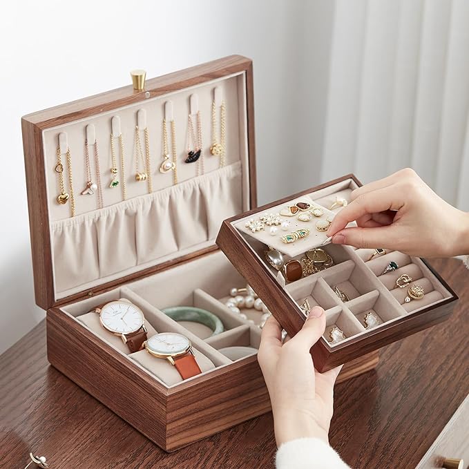 Homruilink Black Walnut Wooden Jewelry Box for Women 2 Layer Jewelry Organizer with Removable Tray for Watches Rings Earrings Necklace Bracelets Birthday Christmas Gifts