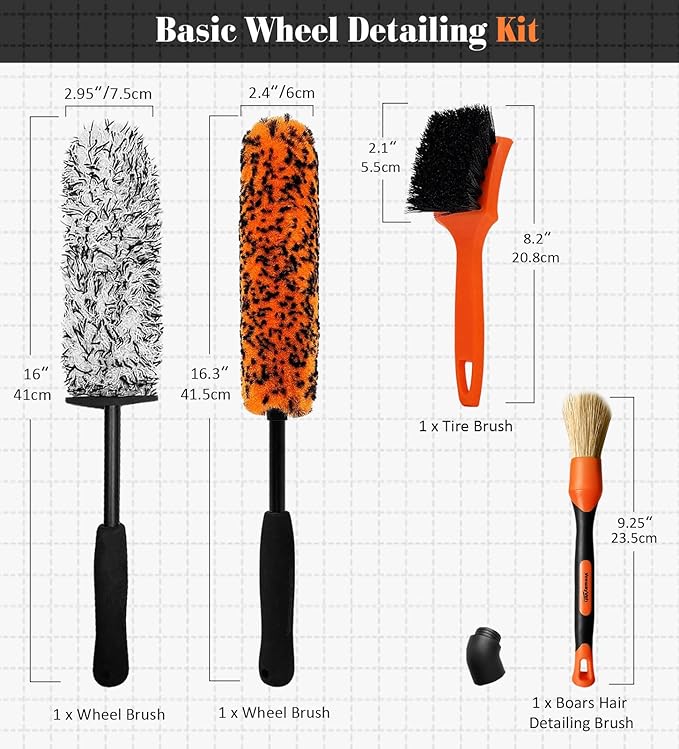 YeewayVeh 4PCS Car Wheel Brush Kit, Microfiber Wheel Cleaner Brush with Boar Hair Detailing Brush, Bendable & Durable Wheel and Tire Brush Kit for Cleaning Wheels, Tires