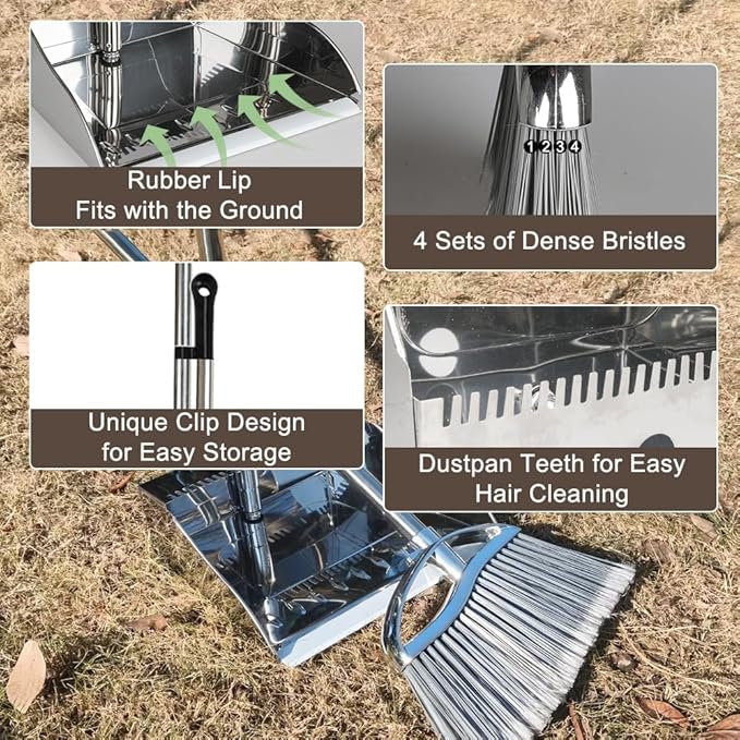Outdoor Broom and Dustpan Comb Set,Heavy Duty Stainless Steel Metal Dust Pan with Long Handle Commercial Stiff Bristles Broom for Home Garage Garden Patio