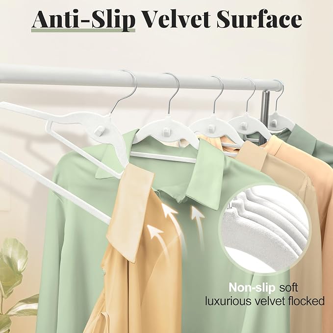 UEAKPIC Velvet Hangers 50 Pack, S-Shaped and Stackable Non Slip with 360°Swivel Hook, Ultra Thin and Space Saving Flocked, for Suits, Shirts, Coats, 15Lbs Capacity Heavy Duty, White