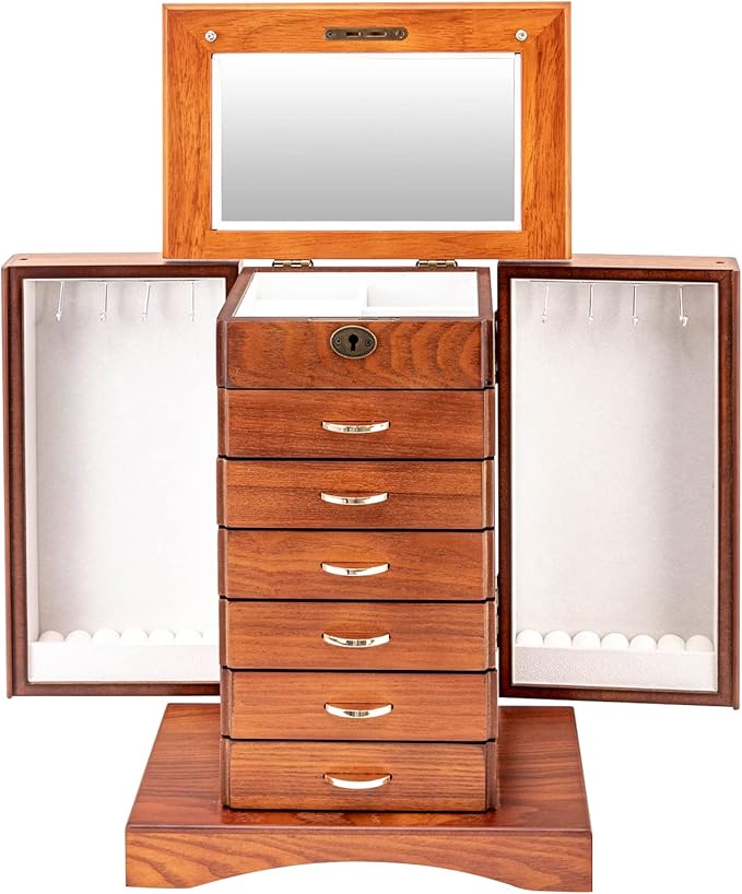 Jewelry Box for Women with Mirror, 7 Layers Jewelry Organizer 5 Drawers Jewelry Case with Side Organizer for Watches Necklace Ring Storage (Walnut)