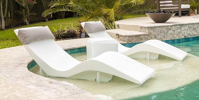 Aqua Outdoors - Outdoor Chaise Set - 2 Chaise Lounges, 2 Risers & Headrest Pillows, 1 Large Side Table - Patios & Pool Shelves - Water Depths 9-14” - Fading & Water Resistant (Grey Granite-Blue)