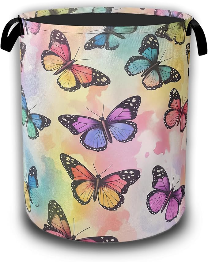 Colorful Tropical Butterflies Laundry Hamper,Watercolor Laundry Baskets,Waterproof Oxford Cloth Toy Storage for Bedroom,Bathroom,Nursery,16x20.8 Inch