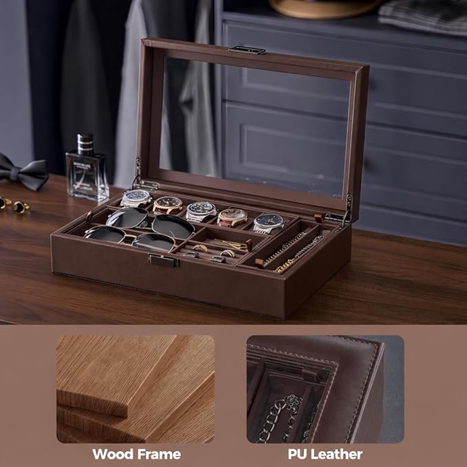 ProCase Men's Jewelry Box, 5-Slot Wood Watch Display Case Jewellry Storage Organizer for Sunglasses Rings Accessories with Hidden Compartment, Watch Holder with Glass Lid, Gift for Men -Espresso
