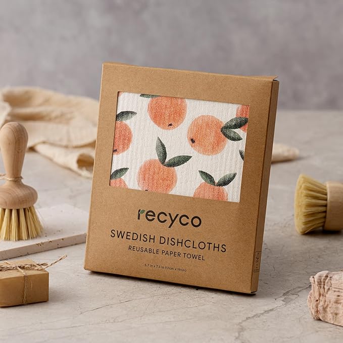 RECYCO Swedish Dishcloths for Kitchen | 5 Pack Peachy Leaves Washable Dish Rags | Cellulose Reusable Cleaning Paper Towels | Absorbent Counter Dish Cloth Sponge Kitchen Wipes, 8" L x 7" W
