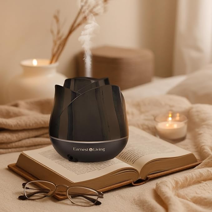 Earnest Living Rose Essential Oil Diffuser 150ml – Mini Ultrasonic Aromatherapy Humidifier for Bedroom & Desk, Quiet Mist, USB Powered, 7-Color Night Light, BPA for Women, Solid Black