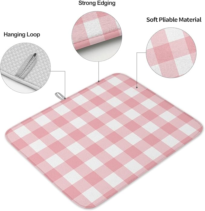 Pink Buffalo Plaid Dish Drying Mat for Kitchen Counter Valentine's Day Drying Pad Absorbent Drying Mats for Countertops Sinks Draining Racks Check Drainer Valentines Holiday Decorations 16x18 Inch