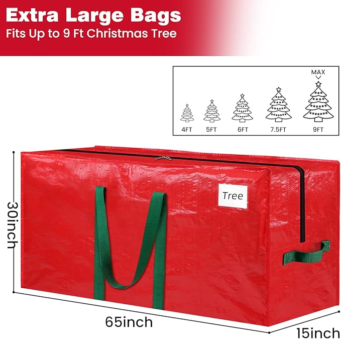 Christmas Tree Storage Bag 9 Ft, Durable & Waterproof Xmas Holiday Tree Bag with Handles, Tag Pocket, Artificial Christmas Trees Storage Box, Garland Storage Container Tote, Red