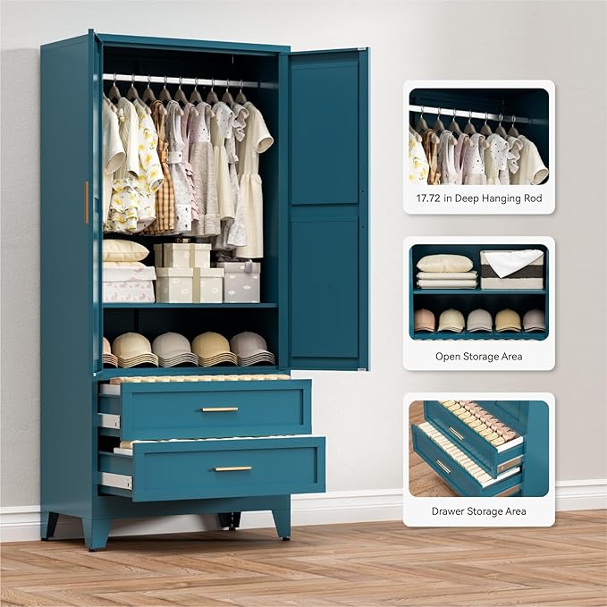 COFaR Metal Armoire Wardrobe Closet with Drawers, 71'' Tall Farmhouse Bedroom Armoires with Doors, Freestanding Steel Wardrobe Cabinet Coat Closet for Bedroom Home Office Garage, Peacock Blue