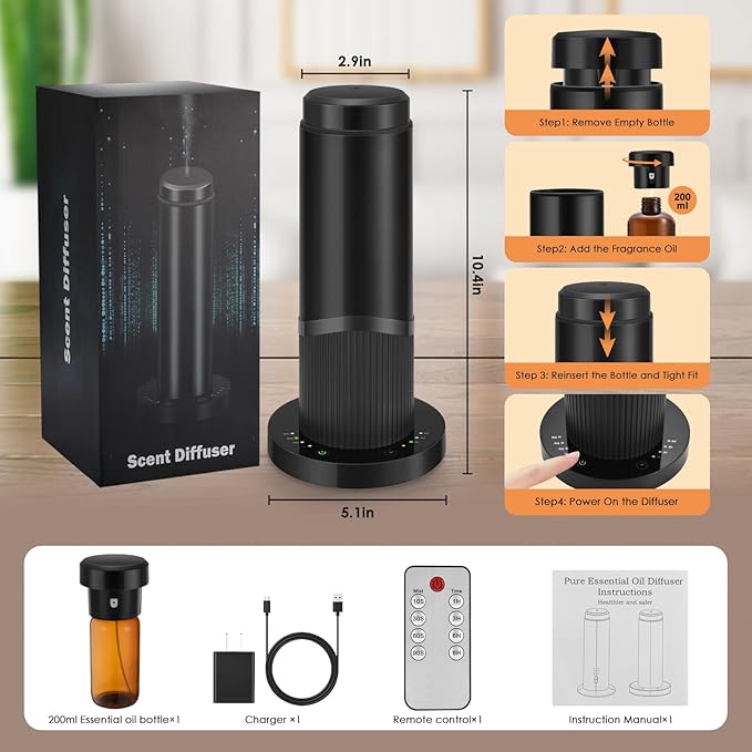 Waterless Scent Essential Oil Diffuser for Hotel,Whole House,Large Room, Office，Home，200ML Large Capacity, Covering 1500 Square feet (Black) (Black-PP)
