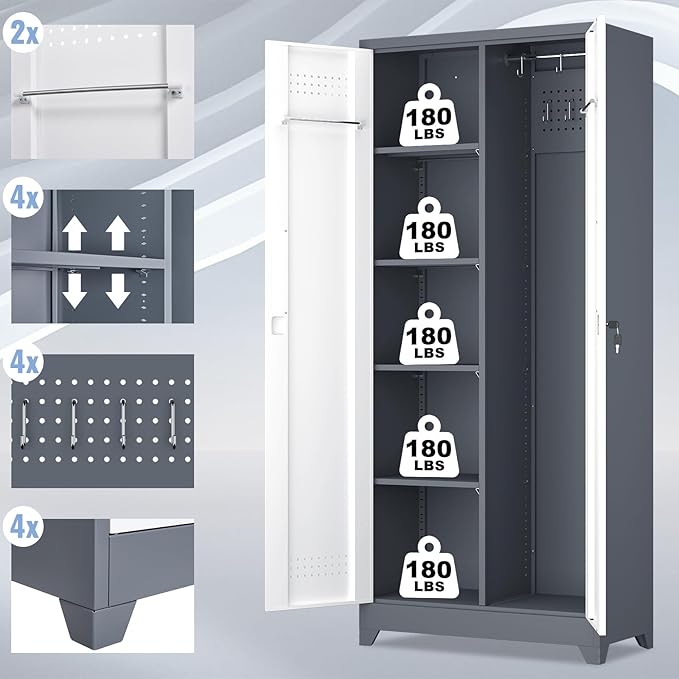 73" H Broom Closet Storage Cabinet, Metal Storage Cabinet with Adjust Shelves,Utility Cabinet,Utility Closet for Garage,Gray-White
