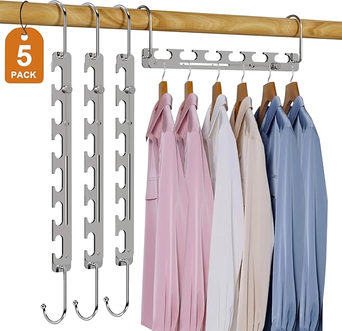 Sindax Space Saving Hangers Telescopic, 6 Holes Clothes Hangers Adjustment to 9 Holes, Upgraded Sturdy Metal Clothes Hangers Space Saving for Heavy Clothes, Closet Organizers and Storage - 5 Pack