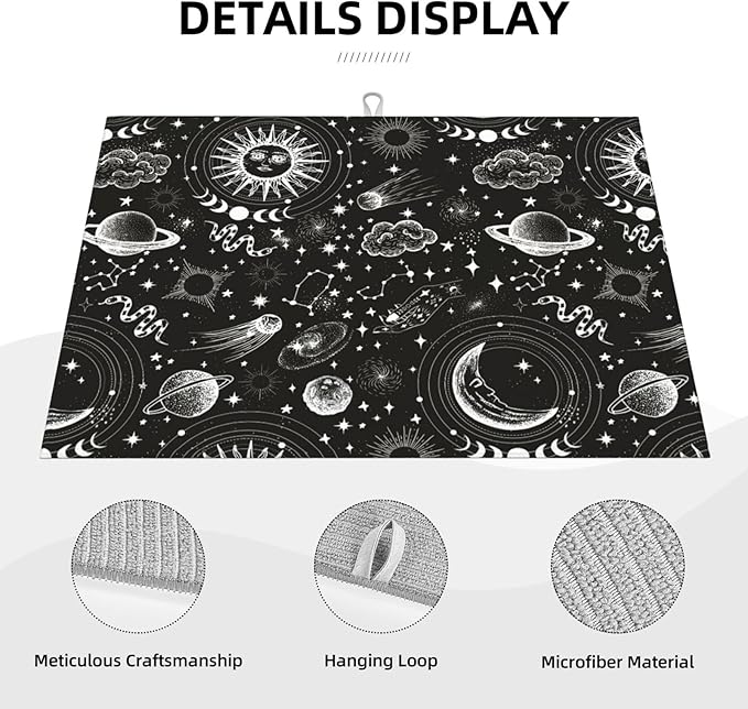 Sun And Moon Dish Drying Mat 18 x 24 Inch for Kitchen Counter Cute Kitchen Mat Microfiber Kitchen Countertop Absorbent Reversible Drainer Rack Pad Dish Drying Mat