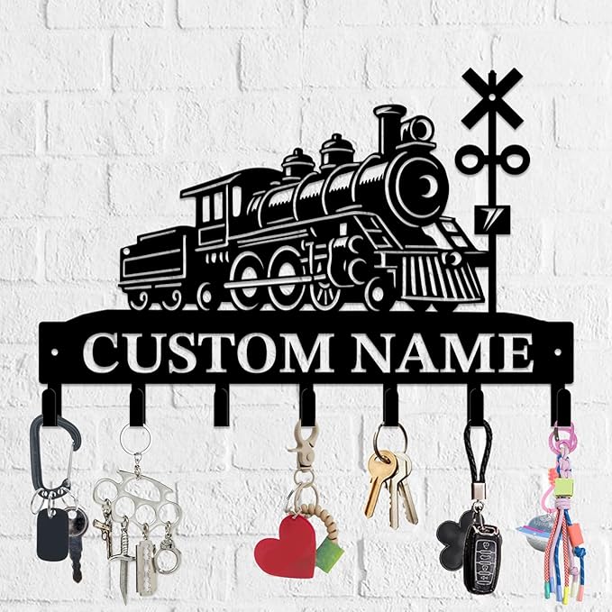 Personalized Train Metal Keys Hooks,Custom Name Metal Train Keys Hooks,Black Metal Train Wall Home Storage Decorative Keys Hooks,Key Holder Hooks for Wall (Style J)